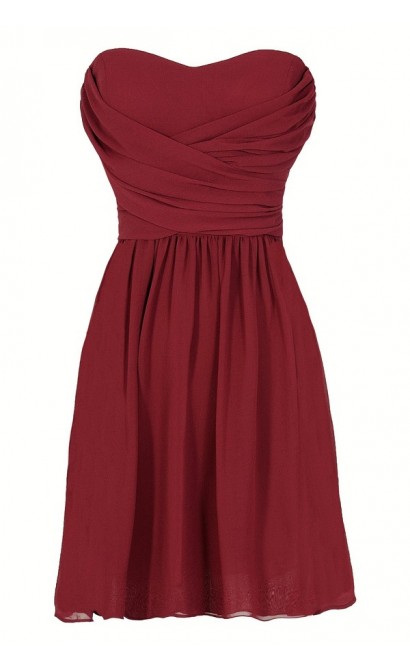 Dress To Impress Strapless Chiffon Dress in Wine Red
